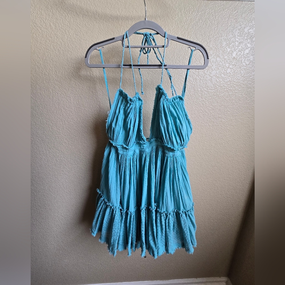 Free People Blue  Backless 100 Degree Mini Dress Size Medium Raw Edge